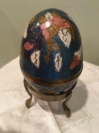 Vintage Large Enameled Rose Cloisonne Egg Brass Trinket Box On Brass Stand