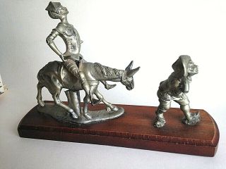 Vtg Metal Figurine Don Quixote On Horse And Sancho Panza Wood Base 11 " X7.  5 " X 3