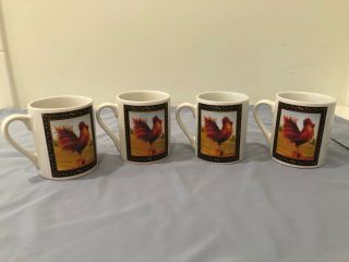Set Of 4 Rooster Coffee Mugs By Bay Island Inc.  - - Very Cute Country.  Euc