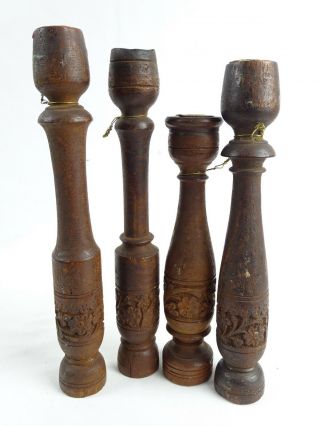 4 Old Indian Hand Carved & Turned Teak Candle Sticks India C1950s