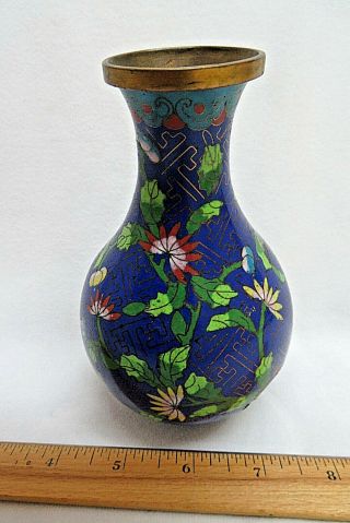 Vintage Blue Chinese Cloisonne Vase 5 