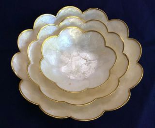 Set Of 3 Vintage Capiz Shell Bowls 6” 8” 10” Scalloped Gold Rim Natural Mop Look