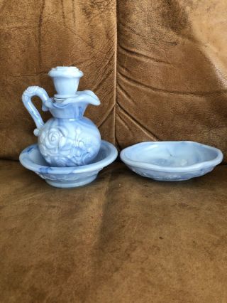 Avon Blue Victorian Bowl And Pitcher Set With Soap Dish 1978 Dresser/bathroom