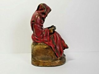 Armor Bronze Signed / Marked Red Robed Reading Monk Bookend 7 " Marion Bronze