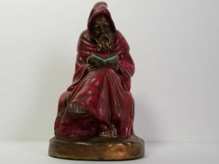 Armor Bronze Signed / Marked Red Robed Reading Monk Bookend 7 