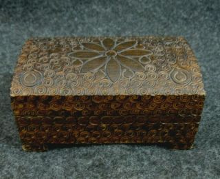 Vintage Carved Wood Trinket Box W/ Hinged Lid Poland Sticker On Bottom