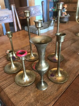 Set Of 7 Vintage Brass Graduated Tapered Candlesticks And Small Vase
