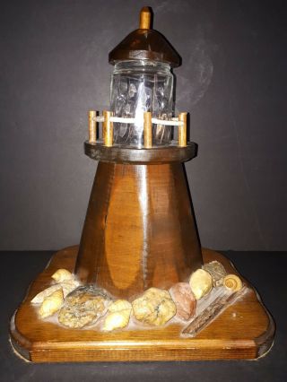 Handcrafted Wooden Lighthouse Lamp Seashells Wooden Base Light Vintage