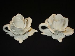 2 Vtg Porcelain White Rose Candle Holders Made In Italy By Nove Capodimonte?
