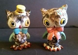 Vintage Owl Porcelain Salt & Pepper Shakers Anthropomorphic Whimsical Bow Tie 5 "