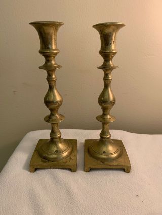 2 Brass Candlestick Candle Holders Square Base Footed 10” Patina
