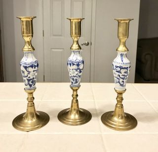 Vintage Brass And Blue & White Porcelain Candlestick Candle Holders