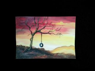 Sunset Painting Art Trading Card Signed Aceo Landscape Farm Tire Swing