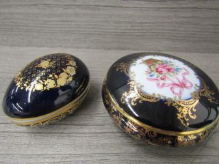 2 Trinket Box Round Egg Porcelain Limoges Castel France 22k Gold Paint Accents