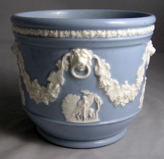 Wedgwood Embossed Queensware Lavender Blue Planter Vase Cachepot Lion Heads