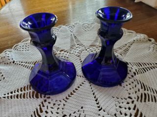 4 " Cobalt Blue Glass Candlestick Holders Vintage Set Of Two