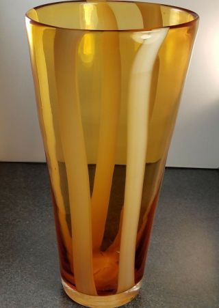 Butterscotch Bouquet 12.  5 " Tall Heavy Glass Vase Amber With Cream Stripes