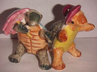 Vintage Anthropomorphic Turtle Tortoise Couple Salt Pepper Shakers - Exc