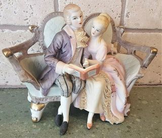 Porcelain Figurine Sitting Seated Courting Couple Loveseat Reading Book Bisque