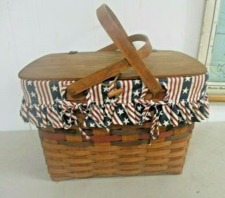 1987 Longaberger Large Picnic Basket With Wooden Insert Riser 4th Of July