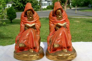Old Bronzed Cold Painted Bookends Signed Reading Monk