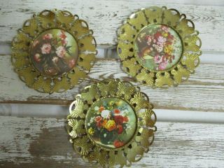 (3) Brass Butterfly Frames Round Floral Picture Wall Hangings Made In England