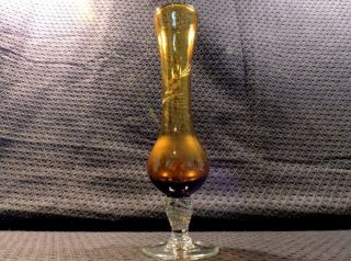 Vintage Honey Amber Art Blown Glass Bud Vase & Clear Stem,  Etched Floral Design