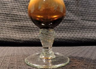 Vintage Honey Amber Art Blown Glass Bud Vase & Clear Stem,  Etched Floral Design 3
