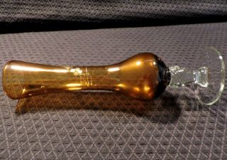 Vintage Honey Amber Art Blown Glass Bud Vase & Clear Stem,  Etched Floral Design 5