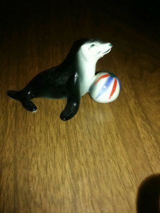 Vintage Mini Porcelain Bone China Miniature Seal Sea Lion W/ Beach Ball Figurine