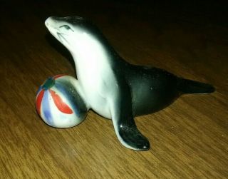 Vintage Mini Porcelain Bone China Miniature Seal Sea Lion W/ Beach Ball Figurine 4