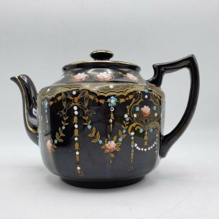 Vintage Made In England Brown Glazed Moriage Beaded Tea Pot Teapot