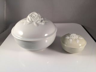 Set Of 2 Limoges France White/creme Rose Porcelain Trinket Box