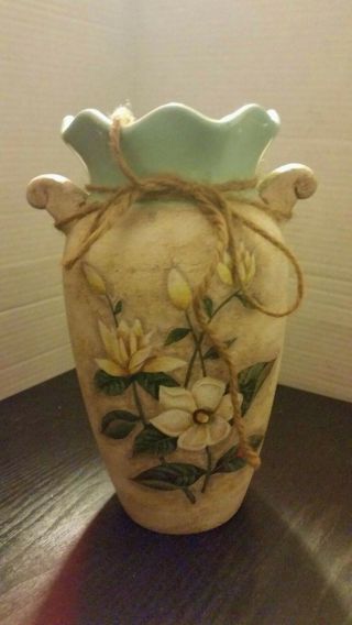 Decorative Pottery Vase Green Rim White Flowers