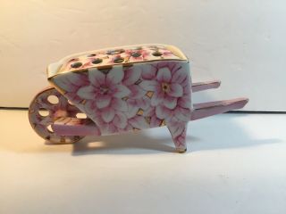 Vintage Ardalt Japan Hand Painted Floral Ceramic Wheelbarrow Planter Gold Trim