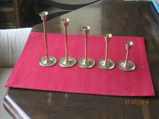 Set Of 5 Vintage Solid Brass Candlesticks Graduated 4 " - 5 " - 6 " - 7 " - 8 " Taiwan