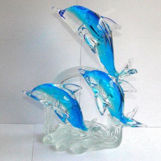 Murano Style Art Glass Blue Dolphin Sculpture Figure