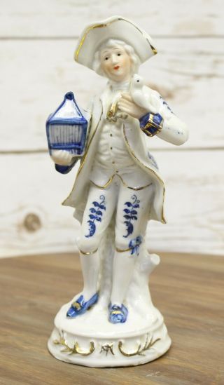 Vintage Blue And White Porcelain Colonial Man Paul Revere Figure 8 " Gold Trim
