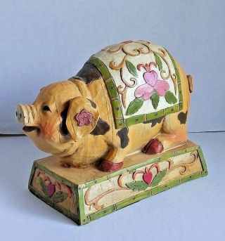 Seymour Mann Collectible Pig Figurine Carved Wood Floral Cute Piggy Hog 6 " X 7 "
