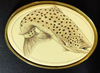Vintage Barlow Solid Brass Belt Buckle Of A Jumping Fish Etched In Rosin,  1983