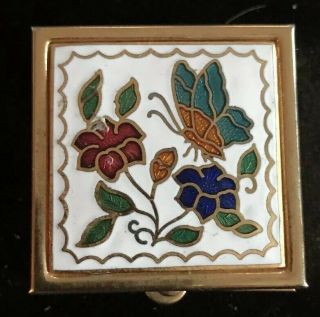 Vintage Cloisonne Gold Plated Pill Or Trinket Box /w Flowers & Butterfly