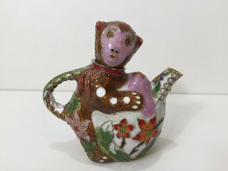 Vintage Chinese Cloisonne Enamel On Copper Monkey Teapot,  5 1/3 " Tall X 5 1/2 " W