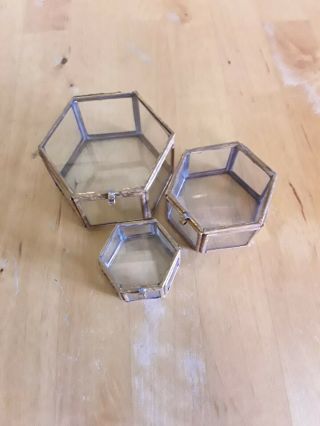 Vintage Glass & Brass Nesting Trinket Boxes - Set Of 3 Hexagonal W/hinged Lids
