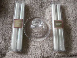 Vintage Glass Candle Holder & 4 St.  Nicholas Square 10 " Taper Candles