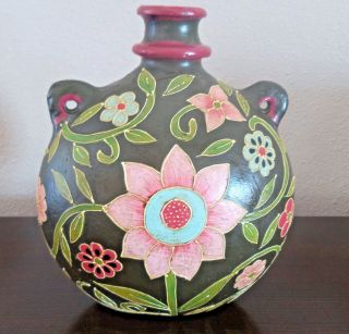 Pottery Cloisonne Style Floral Vase/urn Black W/ Pink Flowers Green Vines Leaves