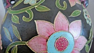 Pottery Cloisonne Style Floral Vase/Urn Black w/ Pink Flowers Green Vines Leaves 2