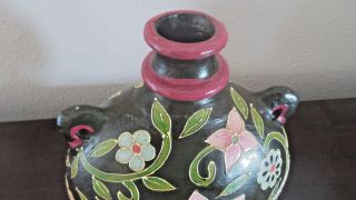 Pottery Cloisonne Style Floral Vase/Urn Black w/ Pink Flowers Green Vines Leaves 3