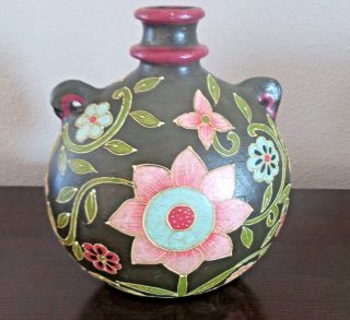 Pottery Cloisonne Style Floral Vase/Urn Black w/ Pink Flowers Green Vines Leaves 4