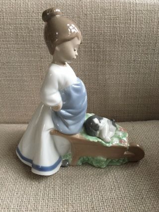 NAO Lladro Girl pushing Flower cart With Puppy 2002 1431 4