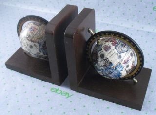 Vintage Wooden Globe Book Ends / Globes Turn And Have Ancient Maps